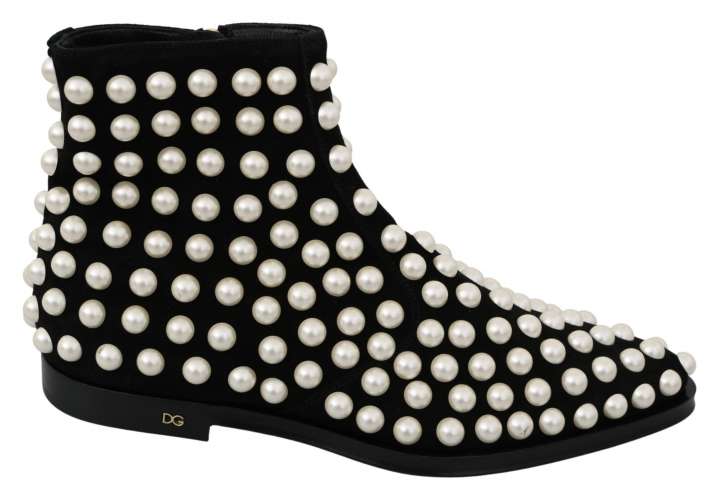 Priser på Dolce & Gabbana Chic Black Suede Ankle Boots with Pearls