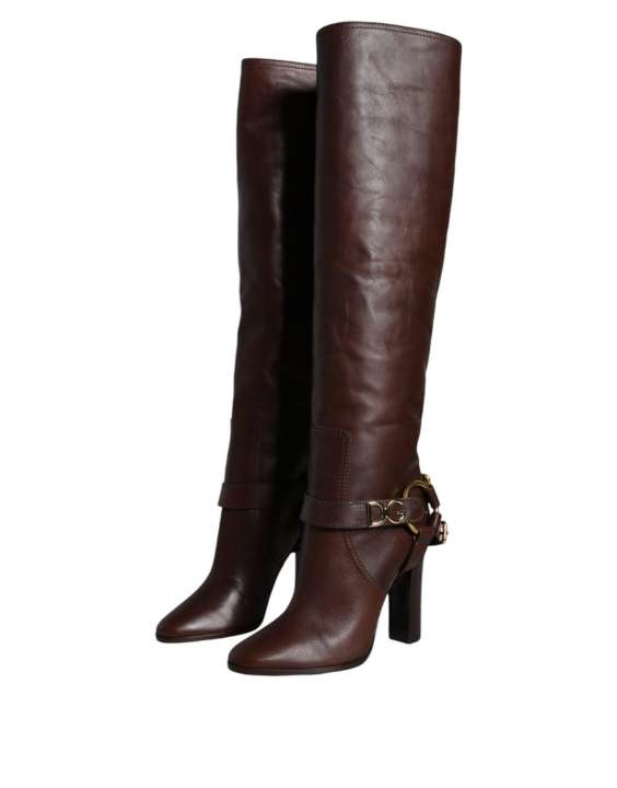 Priser på Dolce & Gabbana Brown Leather Gold Tone Logo High Boots Shoes