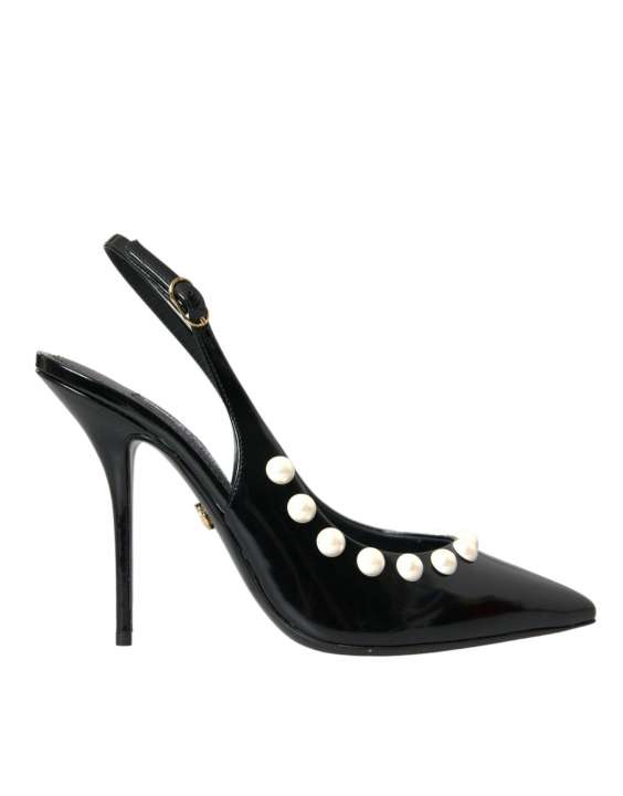 Priser på Dolce & Gabbana Black Leather Faux Pearl Heel Slingback Shoes