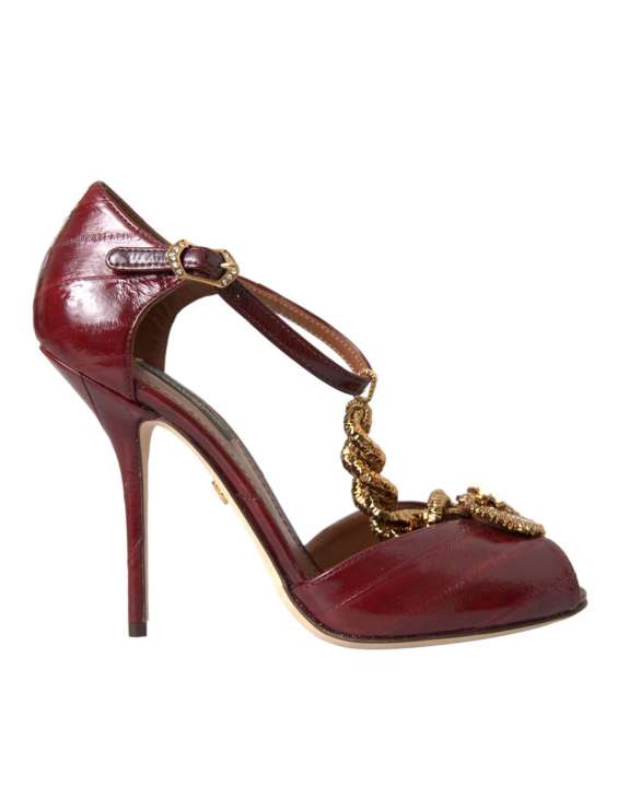 Priser på Dolce & Gabbana Dark Red Leather Gold Devotion Heart Sandals Shoes