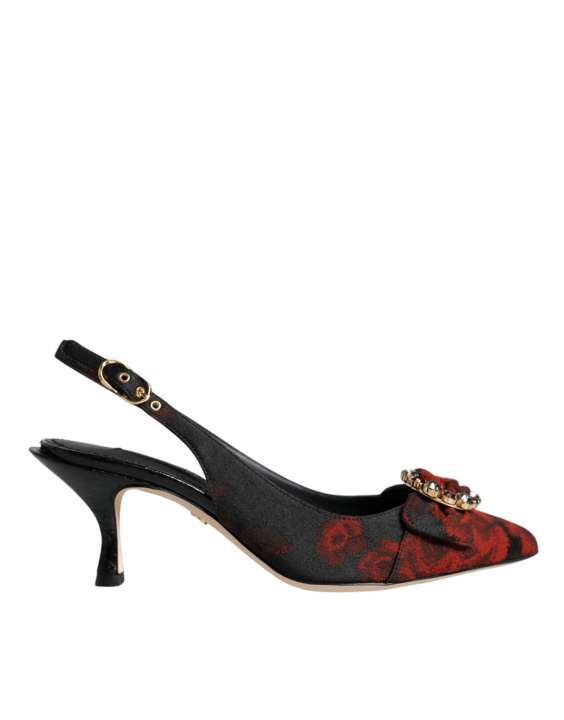 Priser på Dolce & Gabbana Black Red Floral Crystal Heel Slingback Shoes