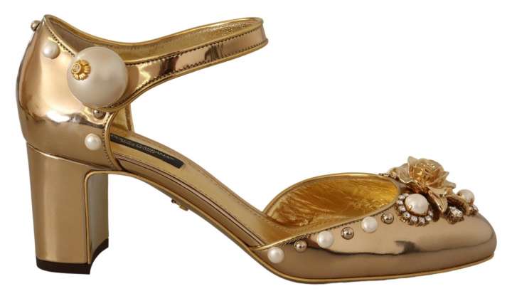 Priser på Dolce & Gabbana Elegant Gold Leather Block Heels with Crystals