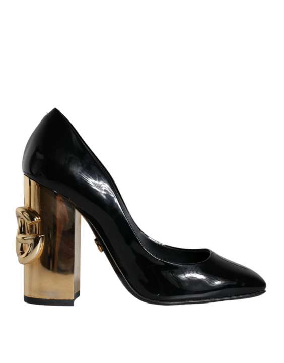 Priser på Dolce & Gabbana Black Gold Patent Leather Logo Heels Pumps Shoes