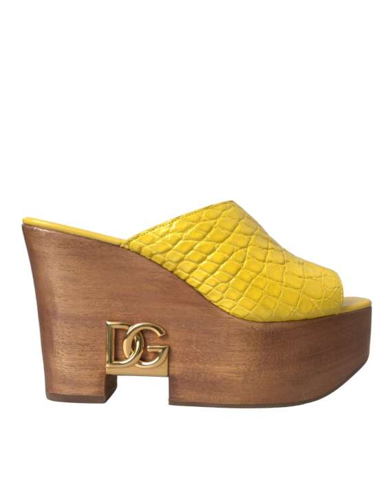 Priser på Dolce & Gabbana Yellow Leather Wood Mule Wedge Slides Shoes