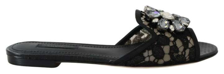 Priser på Dolce & Gabbana Elegant Black Lace Mules with Jewel Flower Detail